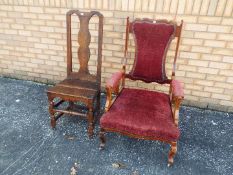 An oak high back chair and one upholster