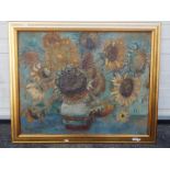 An oil on canvas still life of sunflowers in a vase, signed lower left Henselmann,