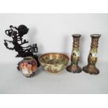 A Japanese bowl and pair of candlesticks,