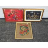 Three framed pieces of wall art to include embroidery of birds, picture of dragon and other,