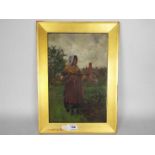 Framed oil on board depicting an elderly lady with pitchfork and basket,