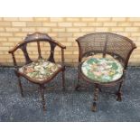 A corner chair with upholstered seat and