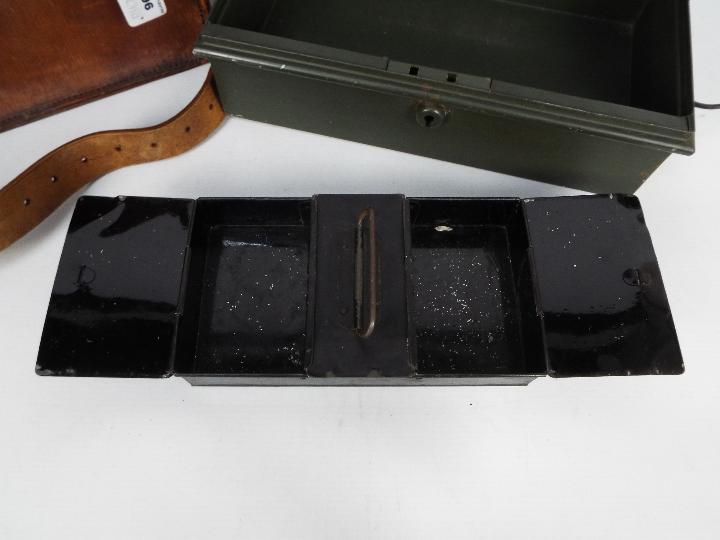 A World War Two (WWII / WW2) type leather despatch or ammunition bag and two vintage cash tins. - Image 3 of 4