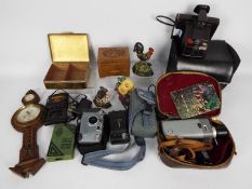Lot to include cameras, barometer, wooden trinket box, brass cigarette box ,