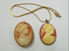 A Cameo brooch / pendant on yellow metal mount and a further Cameo with yellow metal fine chain