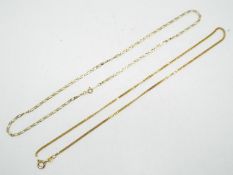 Two yellow metal fine chains stamped 375 (9 carat gold), both approx 40 cm (length), approx 6.