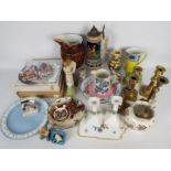 A mixed lot comprising ceramics to include crested ware candlestick pair, stein, Beswick foal,