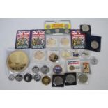 A collection of UK coins, commemorative coins and similar including gold plated Royal commemorative,