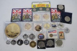 A collection of UK coins, commemorative coins and similar including gold plated Royal commemorative,