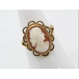 A yellow metal cameo ring, marks rubbed, presumed 9 carat gold, size L, approx 3.