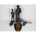 Lot to include cold cast bronze figurines (largest approximately 51 cm height), ship in a bottle,