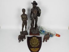 Lot to include cold cast bronze figurines (largest approximately 51 cm height), ship in a bottle,