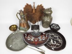 Lot to include a wall mountable candle holder, Kut Hing Swatow pewter tray, inlaid trinket box,