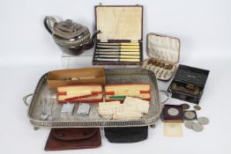 A mixed lot comprising plated ware, pens, coins including 1951 Festival Of Britain crown and other.