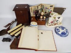 A mixed lot to include ceramics, a wooden stationary box, boxed microscope,