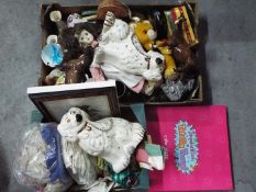 Lot to include vintage linen, ceramics, dolls, vintage tins, framed pictures and other, two boxes.