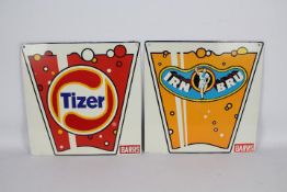 Two aluminium advertising signs, 'Tizer Barrs' and 'Irn Bru Barrs',