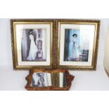 Two mixed media pictures and a wall mirror.