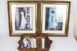 Two mixed media pictures and a wall mirror.