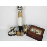Lot to include carved wood models of cats, Egyptian style ornaments,