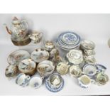 A collection of hand painted Japanese tea wares and a quantity of Wedgwood blue and white tea wares