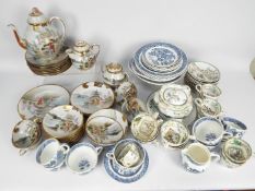 A collection of hand painted Japanese tea wares and a quantity of Wedgwood blue and white tea wares