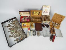 Lot to include vintage cigarette lighters, cigars, cigarette cases, coins, penknives,