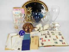 A mixed lot to include an oval wall mirror, glassware, ceramics, stamps and other.