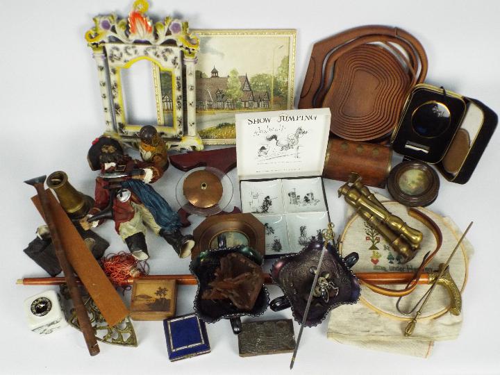 A mixed lot of collectables to include treen, carnival glass, miniature oil paintings,