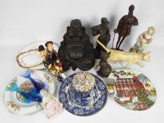 Lot to include Oriental figurine, ceramics, carved wood figurine, glassware and similar.