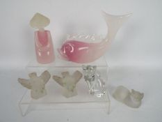 A Murano glass fish (16 cm height) and kneeling lady figure and a small collection of glass animals,