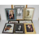 A quantity of framed images of musicians, performers and theatre posters,