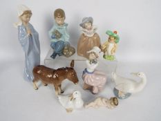 Ceramics to include Nao figurines, Royal Albert Benjamin Bunny and a Beswick donkey,