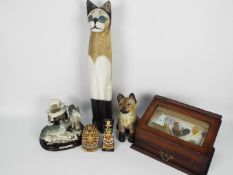 Lot to include carved wood models of cat