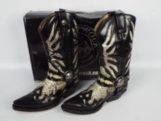 New Rock cowboy boots - a pair of black boots with white serpent decoration, # M.