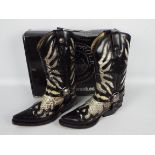 New Rock cowboy boots - a pair of black boots with white serpent decoration, # M.