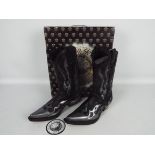 New Rock cowboy boots - a pair of black leather boots with silvered flame decoration, # M.