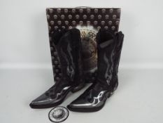 New Rock cowboy boots - a pair of black leather boots with silvered flame decoration, # M.