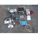 A collection of various tool to include a Hilka 6" bench grinder 1/2 HP 3000 rpm, a hot air gun,