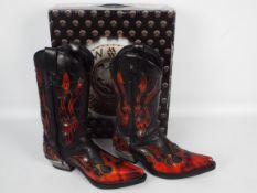 New Rock cowboy boots - a pair of black and red flame boots, # M.