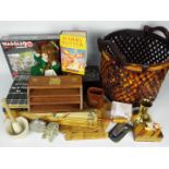 Mixed lot to include musical jewellery box, parasol, treen, stone carving of an elephant,