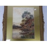 A watercolour depicting a riverside scene, signed lower right by the artist and dated 1914,