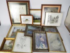 A collection of framed prints, photographs, needlework picture, map and similar.