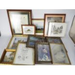 A collection of framed prints, photographs, needlework picture, map and similar.