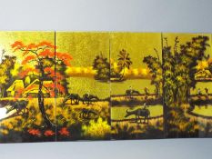 Four lacquered panels, landscape scenes with buffalo, each approximately 59 cm x 29 cm.