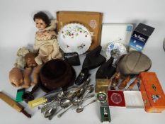 A mixed lot to include ceramics, glassware, clock, flatware, vintage doll parts, treen and similar.