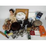 A mixed lot to include ceramics, glassware, clock, flatware, vintage doll parts, treen and similar.