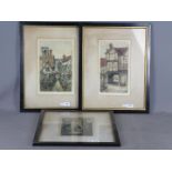 Three coloured etchings depicting Tudor buildings and similar,