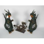 A pair of pottery dragon figurines, approximately 42 cm (h) and a similar cold cast bronze example.