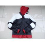 Flesh & Hide / F&H - a soft Leather jacket, black, white and red with red hood,